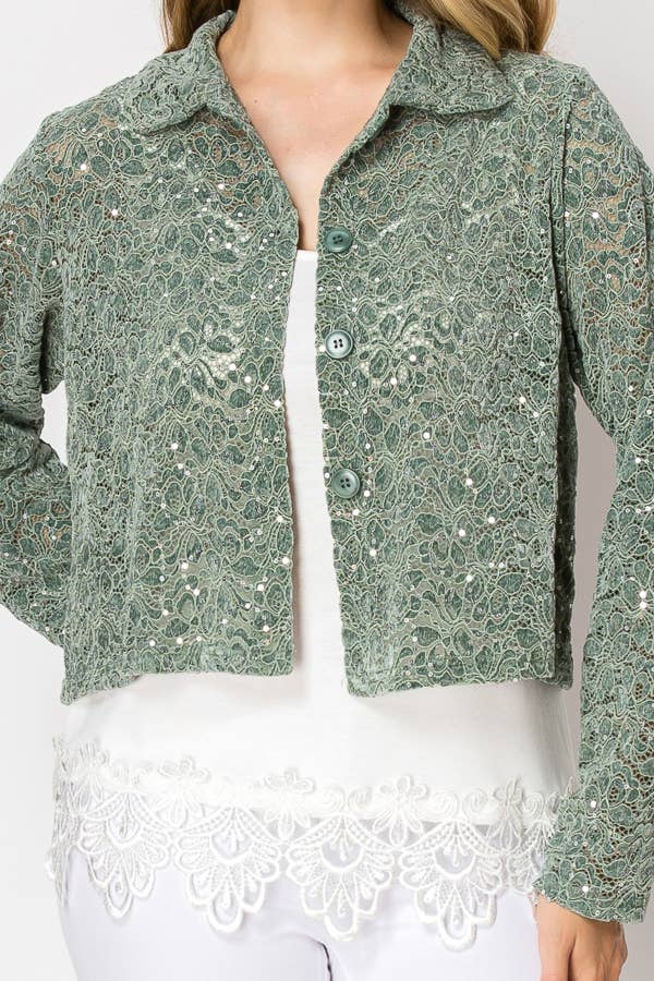 Cropped Sequin Embellished Button - Up Jacket - ivyandlavyboutique Origami Apparel ~ Lace and Crochet inspired