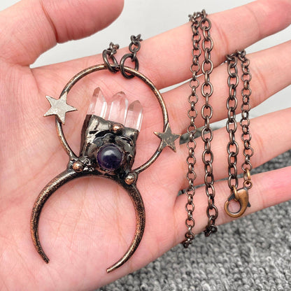 CS/MS - White Crystal & Amethyst Star Moon Charm Necklace - ivyandlavyboutique Mio Queena