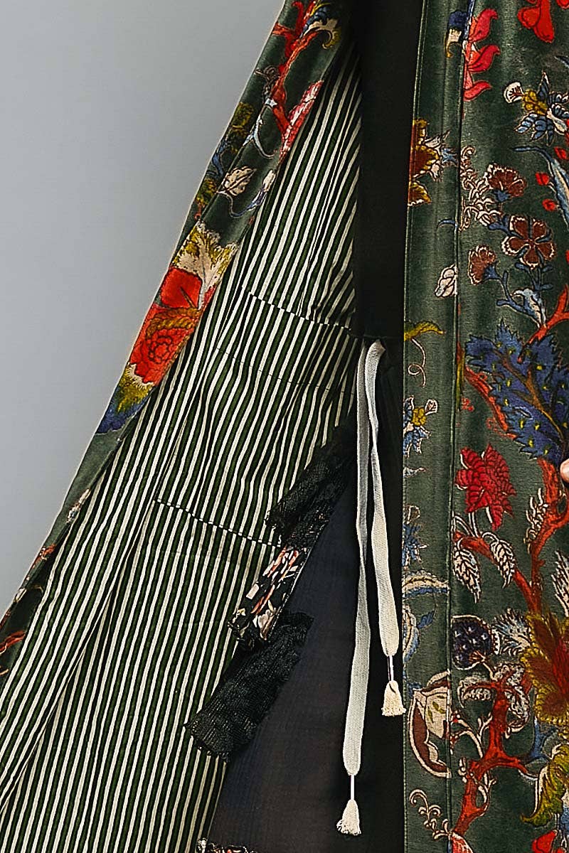 Full Length Self Tie Belt Kimono Style Robe Velvet Jacket in Green
