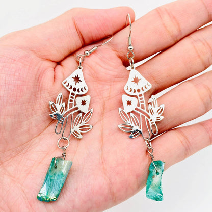Silver Mushroom Green Crystal Pendant Earrings