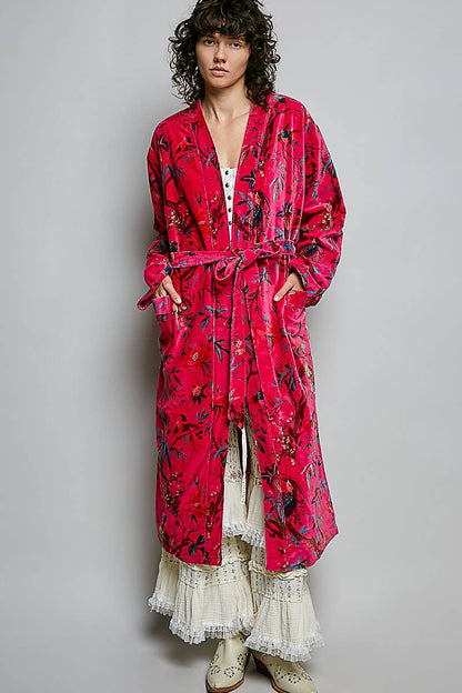 Full Length Self Tie Belt Kimono Style Robe Velvet Jacket in Fuchsia