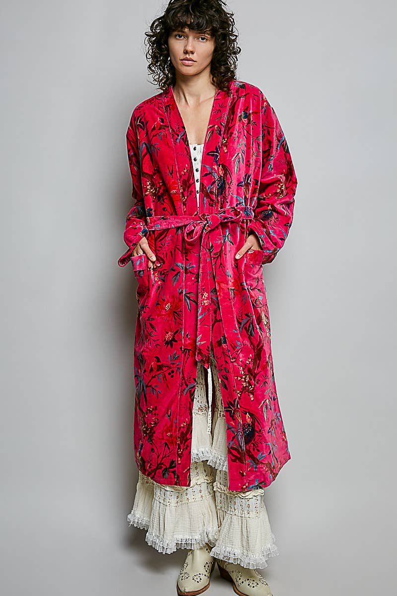 Full Length Self Tie Belt Kimono Style Robe Velvet Jacket in Fuchsia