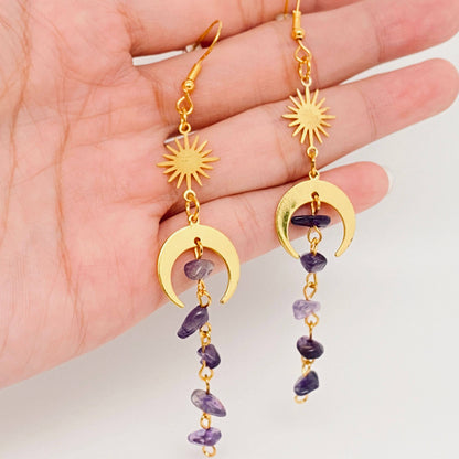 Purple Asymmetric Crystal Tassel Pendant Earrings - MS: Purple