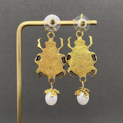 Vintage Insect Pearl Pendant Earrings: Insect