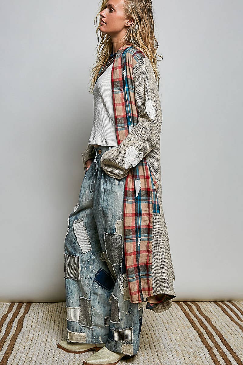Heart Throb Plaid Textured Lace Heart Patch Woven Open Front Coat in Green