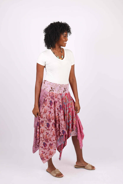 Hankerchief Hem Patchwork Skirt: Pink Flora Aura