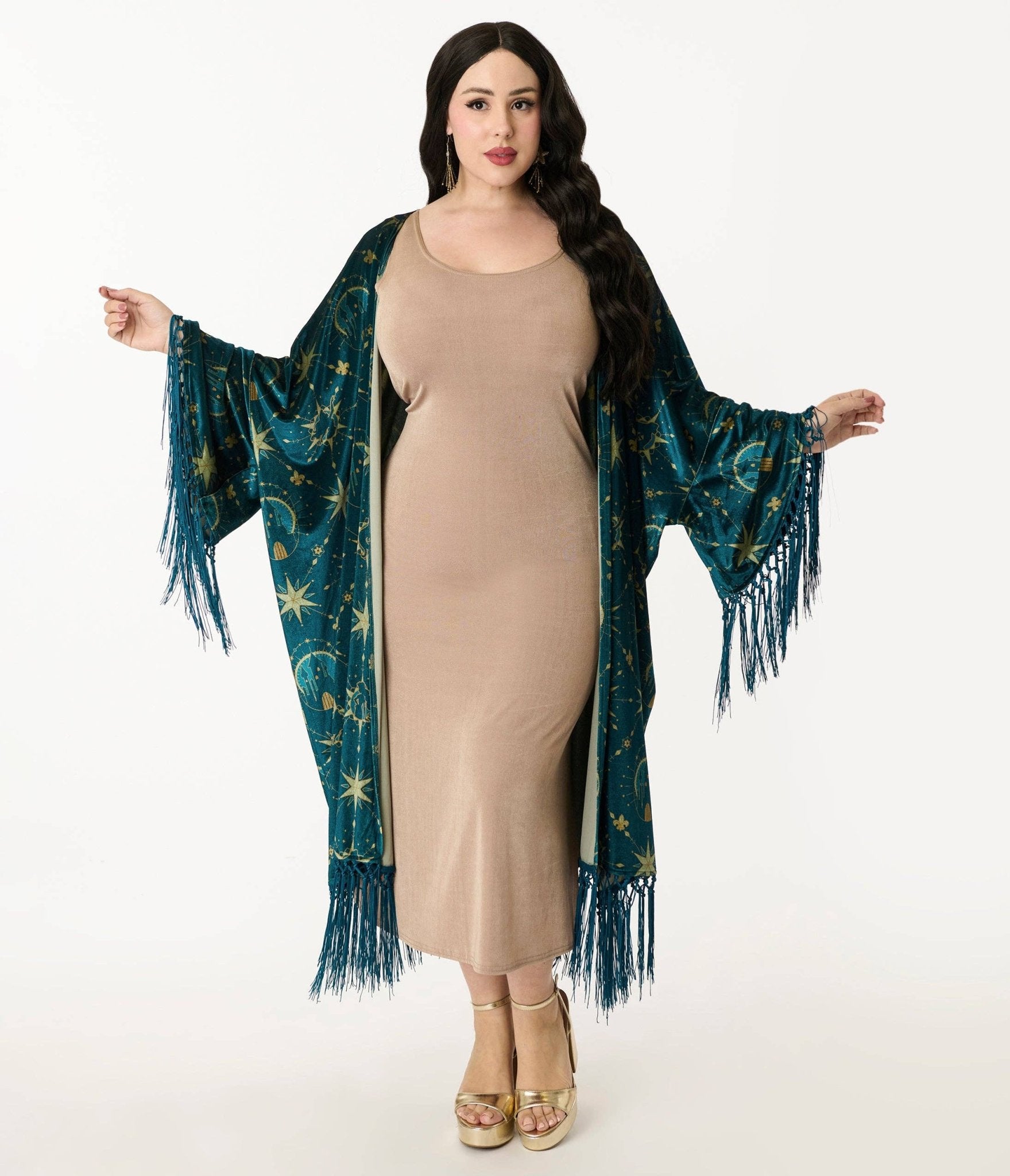 Disney Princess Collection by Unique Vintage Teal & Gold Royal Palace Velvet Fringe Kimono: One Size - ivyandlavyboutique Unique Vintage