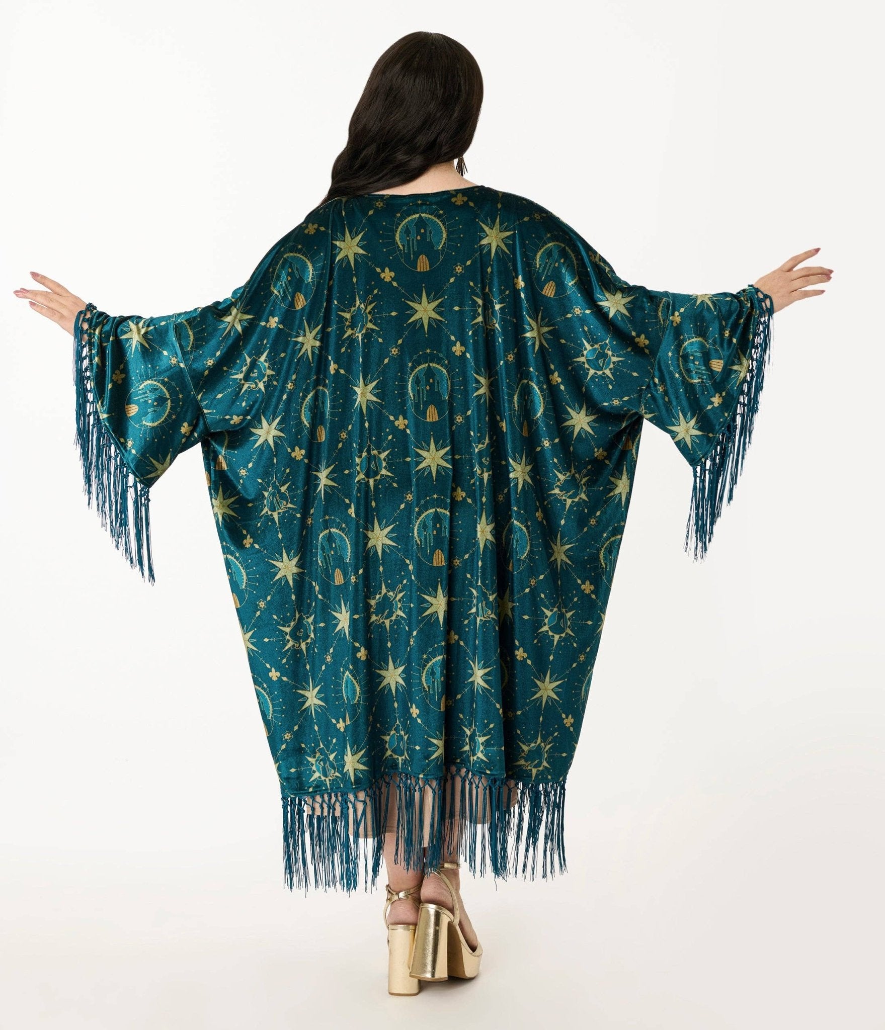 Disney Princess Collection by Unique Vintage Teal & Gold Royal Palace Velvet Fringe Kimono: One Size - ivyandlavyboutique Unique Vintage