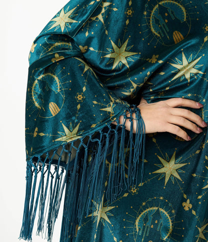 Disney Princess Collection by Unique Vintage Teal & Gold Royal Palace Velvet Fringe Kimono: One Size - ivyandlavyboutique Unique Vintage
