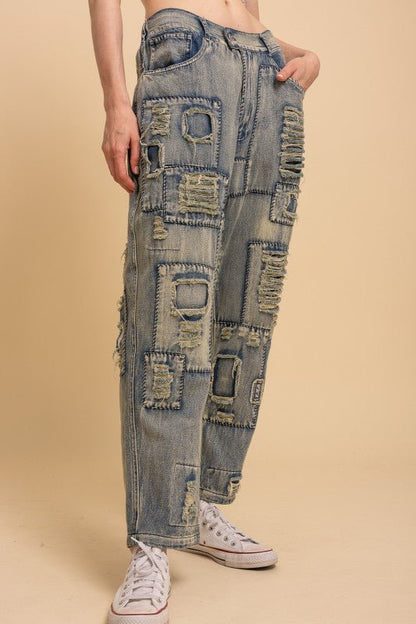 Distressed Patchwork Washed Jeans - ivyandlavyboutique Blue Velvet