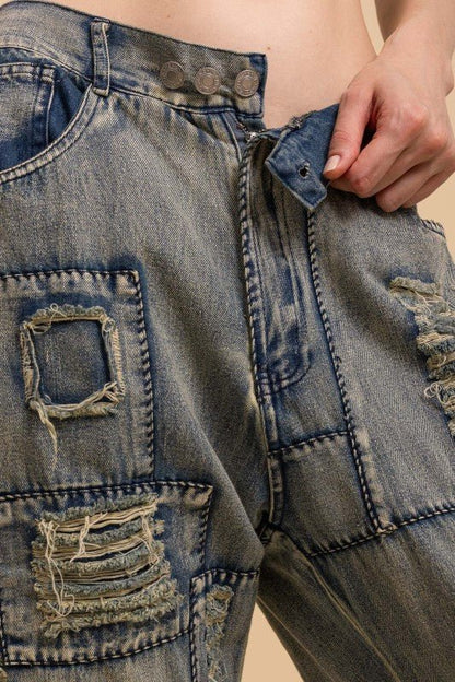 Distressed Patchwork Washed Jeans - ivyandlavyboutique Blue Velvet