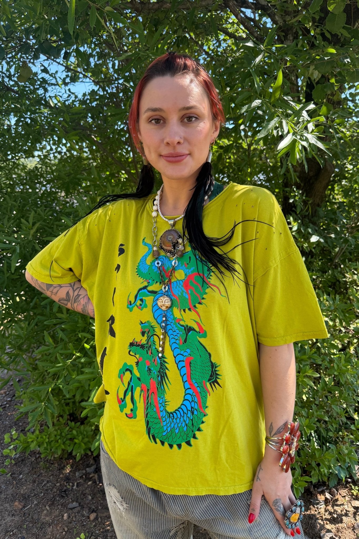 Distressed Tee with Spirit Dragon Print in Chartreuse - ivyandlavyboutique LeParisPetit by I Love Linen
