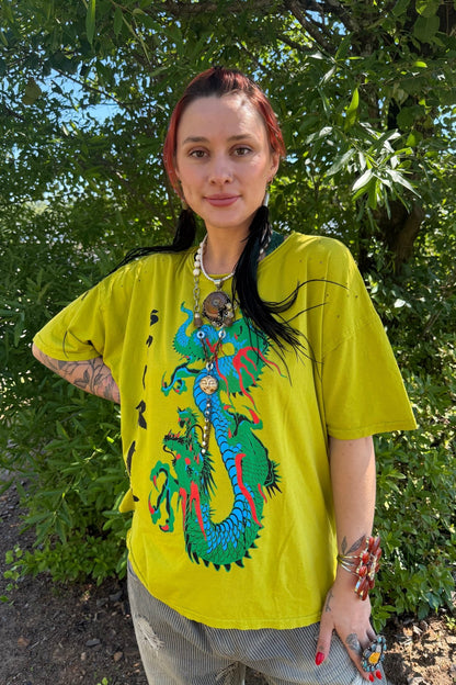 Distressed Tee with Spirit Dragon Print in Chartreuse - ivyandlavyboutique LeParisPetit by I Love Linen