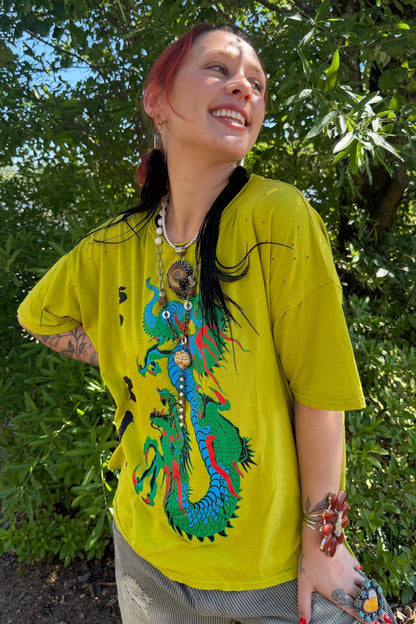 Distressed Tee with Spirit Dragon Print in Chartreuse - ivyandlavyboutique LeParisPetit by I Love Linen