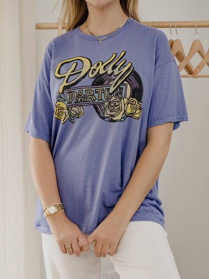 Dolly Parton Rose Record Periwinkle Thrifted Licensed Tee - Boho Wanderlust Boutique LivyLu