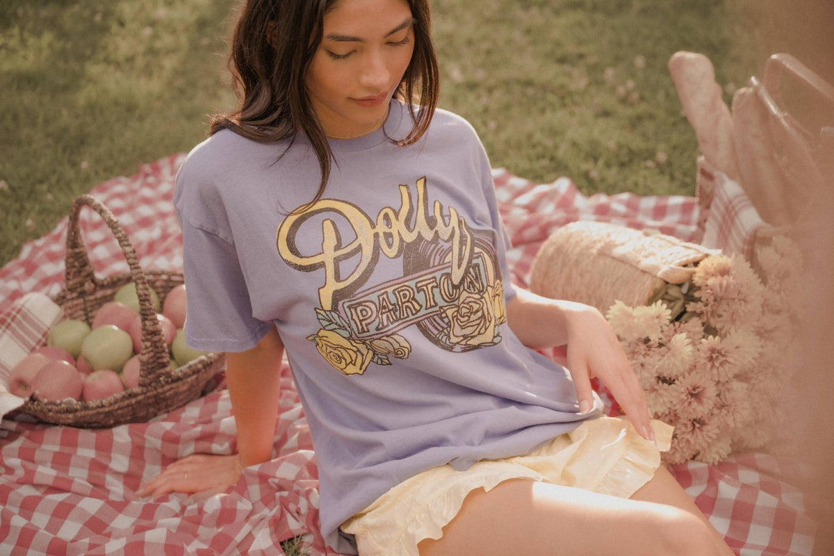 Dolly Parton Rose Record Periwinkle Thrifted Licensed Tee - Boho Wanderlust Boutique LivyLu