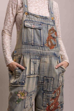 Dragon Patchwork Denim Wide Leg Overall (BR10663KB) - Boho Wanderlust Boutique Blue Velvet