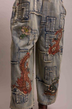 Dragon Patchwork Denim Wide Leg Overall (BR10663KB) - Boho Wanderlust Boutique Blue Velvet