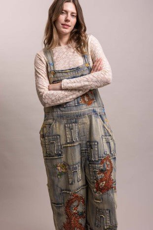Dragon Patchwork Denim Wide Leg Overall (BR10663KB) - Boho Wanderlust Boutique Blue Velvet