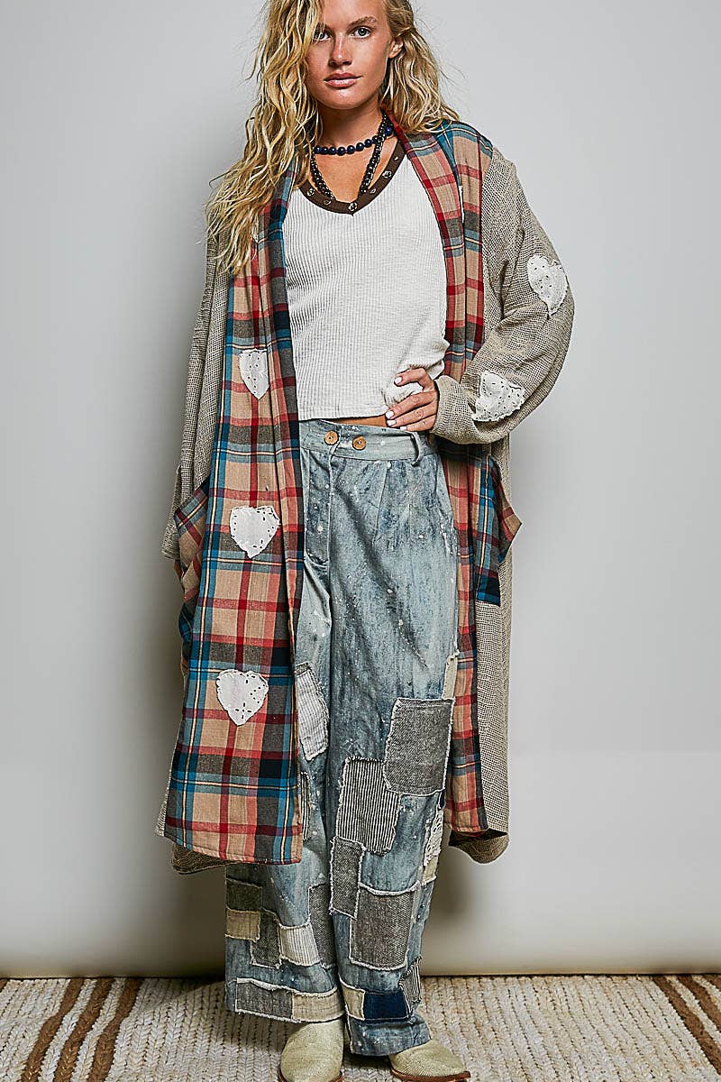Heart Throb Plaid Textured Lace Heart Patch Woven Open Front Coat in Green