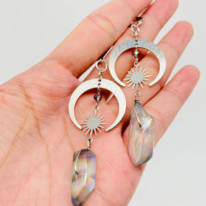 Bohemian Star-moon Combination Crystal Pillar Earrings - MS: Silver