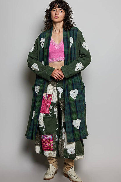 Plaid Textured Lace Heart Patch Woven Open Front Coat