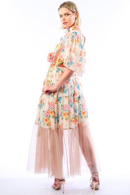Earth Angels Dress: Beige Peacock - ivyandlavyboutique Aratta