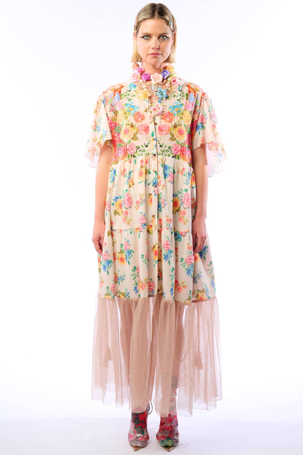 Earth Angels Dress: Beige Peacock - ivyandlavyboutique Aratta