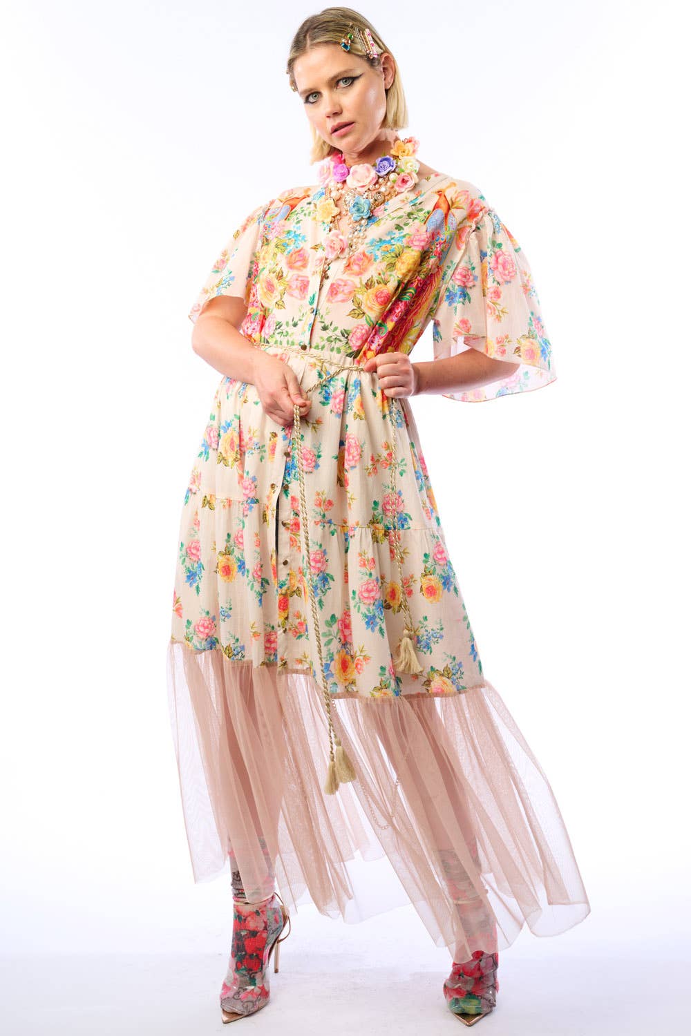 Earth Angels Dress: Beige Peacock - ivyandlavyboutique Aratta