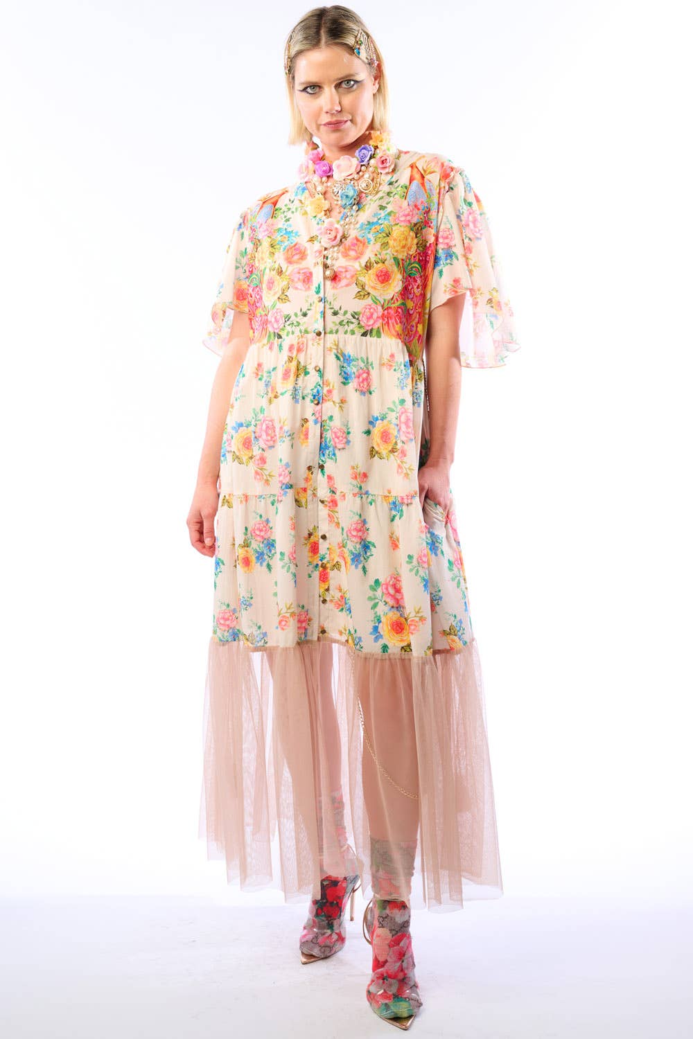 Earth Angels Dress: Beige Peacock - ivyandlavyboutique Aratta