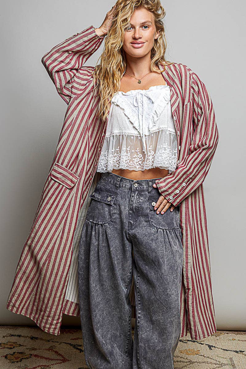 Easy Breezy Long Sleeve Crafted Long Striped Cotton Coat - ivyandlavyboutique Pol Clothing