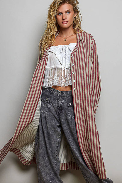 Easy Breezy Long Sleeve Crafted Long Striped Cotton Coat - ivyandlavyboutique Pol Clothing