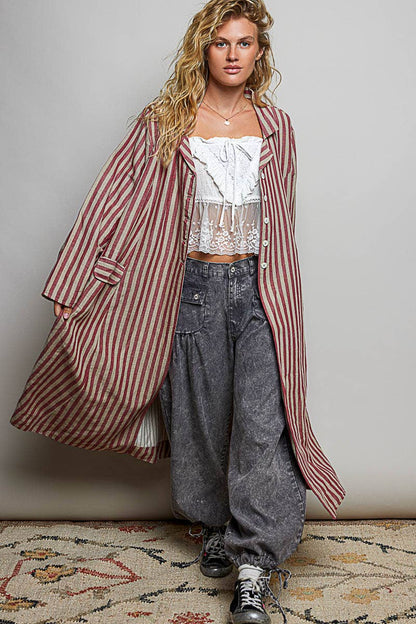 Easy Breezy Long Sleeve Crafted Long Striped Cotton Coat - ivyandlavyboutique Pol Clothing