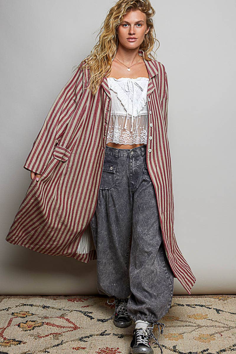 Easy Breezy Long Sleeve Crafted Long Striped Cotton Coat - ivyandlavyboutique Pol Clothing