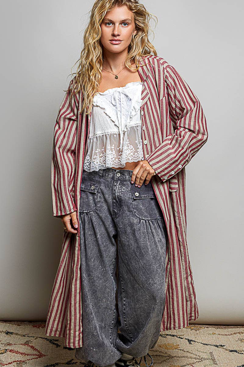 Easy Breezy Long Sleeve Crafted Long Striped Cotton Coat - ivyandlavyboutique Pol Clothing