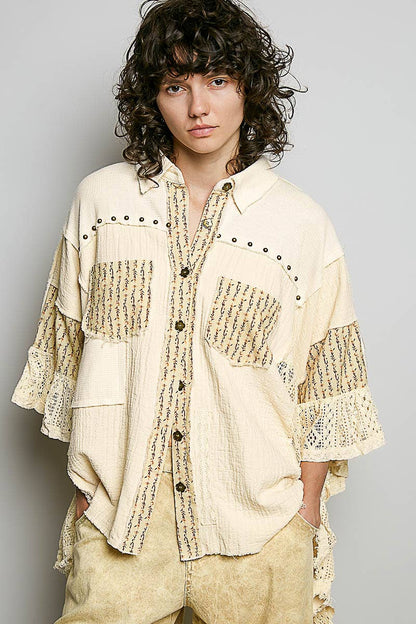 Easy Goes It Double Gauze Lace Crochet Patch Ruffle Button Down Shirt Top in Natural - ivyandlavyboutique Pol Clothing