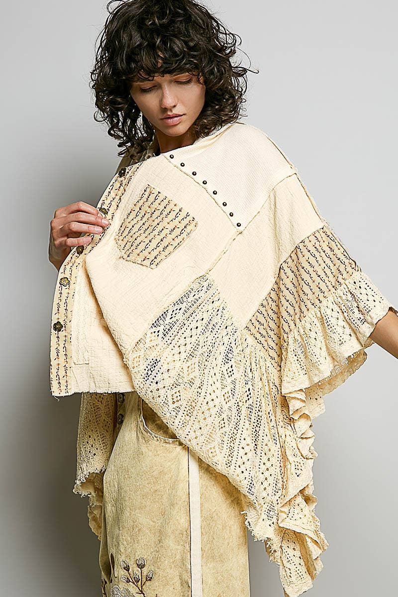 Easy Goes It Double Gauze Lace Crochet Patch Ruffle Button Down Shirt Top in Natural - ivyandlavyboutique Pol Clothing