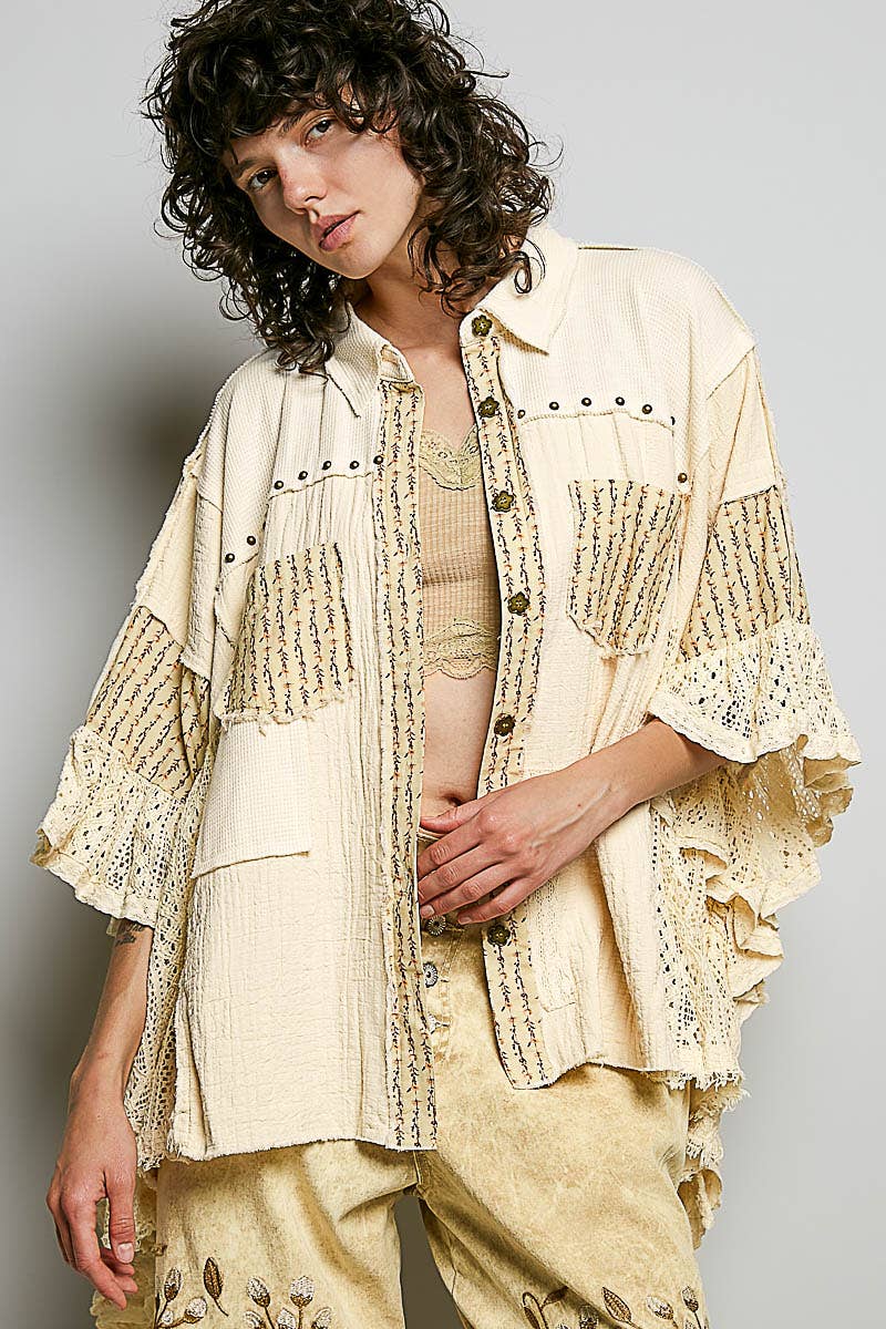 Easy Goes It Double Gauze Lace Crochet Patch Ruffle Button Down Shirt Top in Natural - ivyandlavyboutique Pol Clothing