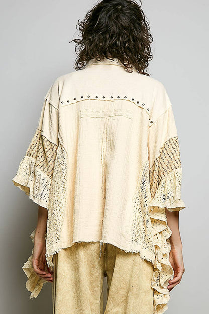 Easy Goes It Double Gauze Lace Crochet Patch Ruffle Button Down Shirt Top in Natural - ivyandlavyboutique Pol Clothing