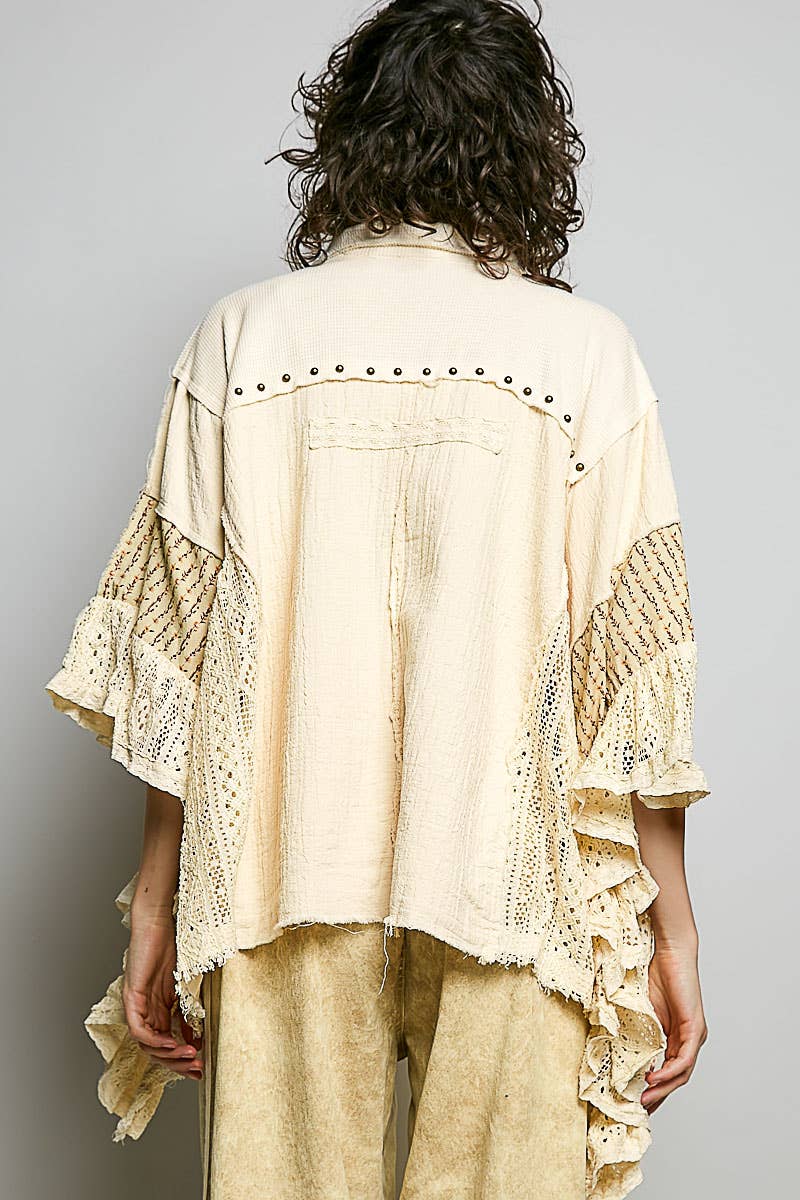 Easy Goes It Double Gauze Lace Crochet Patch Ruffle Button Down Shirt Top in Natural - ivyandlavyboutique Pol Clothing