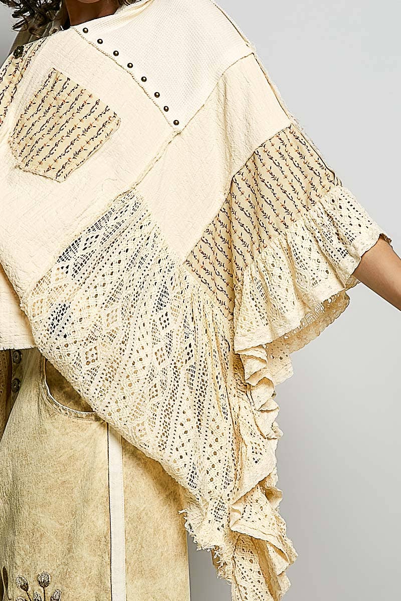 Easy Goes It Double Gauze Lace Crochet Patch Ruffle Button Down Shirt Top in Natural - ivyandlavyboutique Pol Clothing