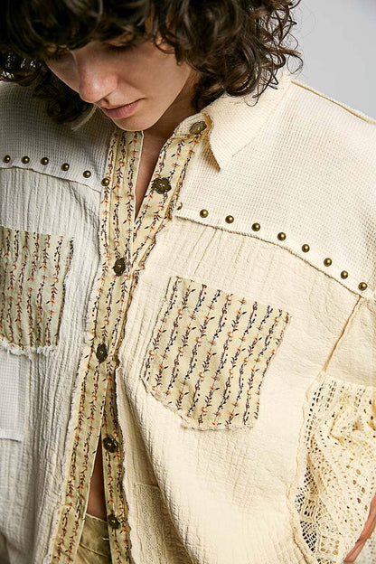 Easy Goes It Double Gauze Lace Crochet Patch Ruffle Button Down Shirt Top in Natural - ivyandlavyboutique Pol Clothing