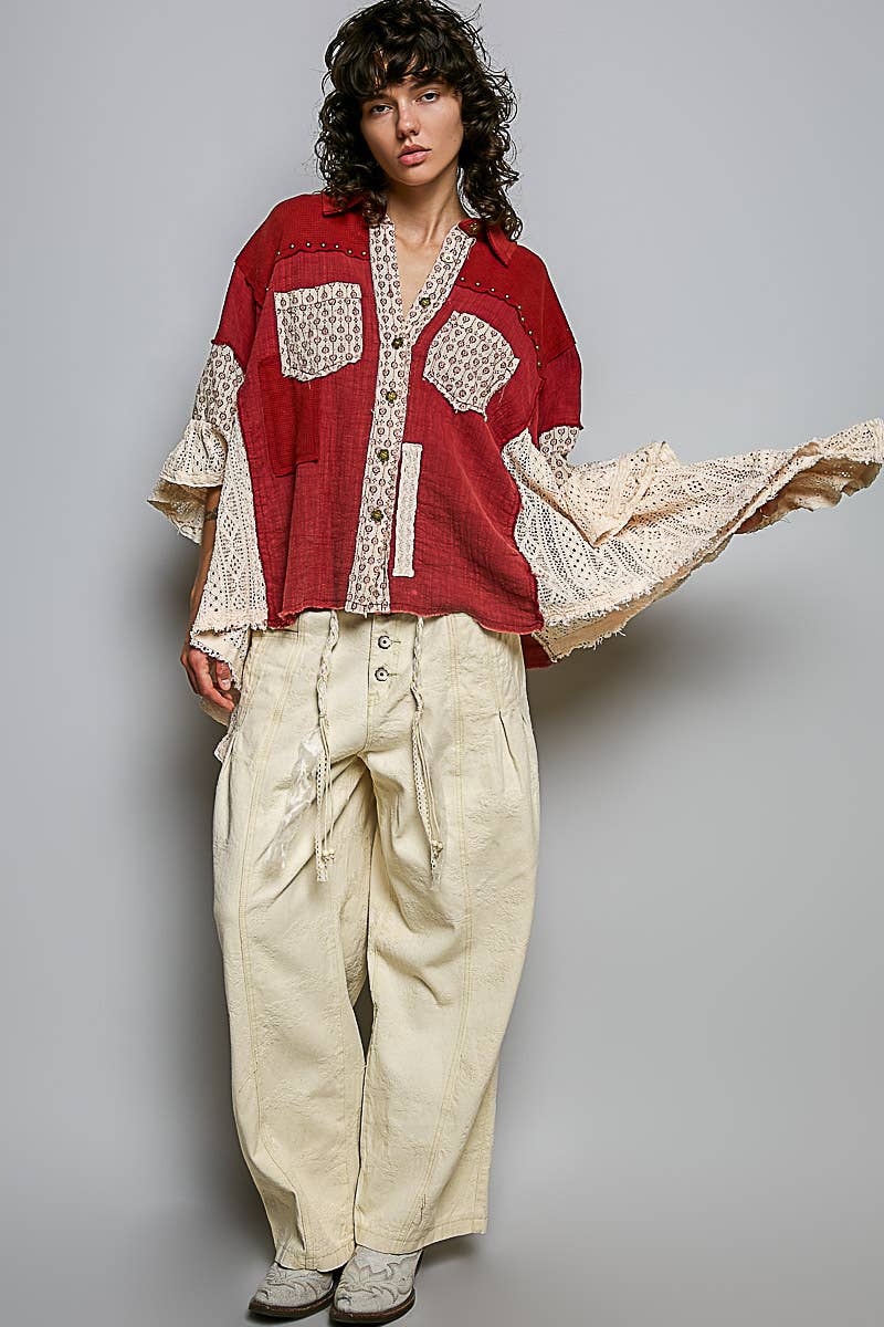 Easy Goes It Double Gauze Lace Crochet Patch Ruffle Button Down Shirt Top In Ruby - ivyandlavyboutique Pol Clothing