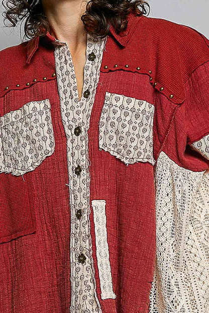 Easy Goes It Double Gauze Lace Crochet Patch Ruffle Button Down Shirt Top In Ruby - ivyandlavyboutique Pol Clothing