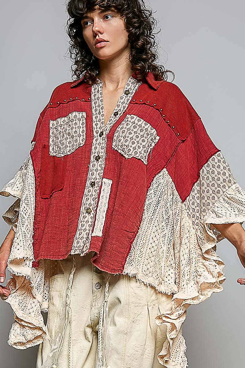 Easy Goes It Double Gauze Lace Crochet Patch Ruffle Button Down Shirt Top In Ruby - ivyandlavyboutique Pol Clothing