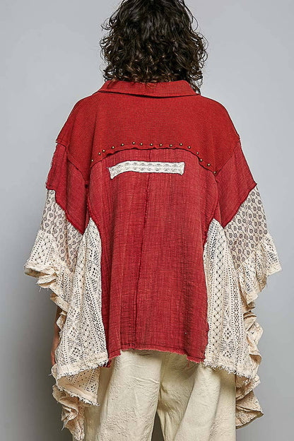 Easy Goes It Double Gauze Lace Crochet Patch Ruffle Button Down Shirt Top In Ruby - ivyandlavyboutique Pol Clothing