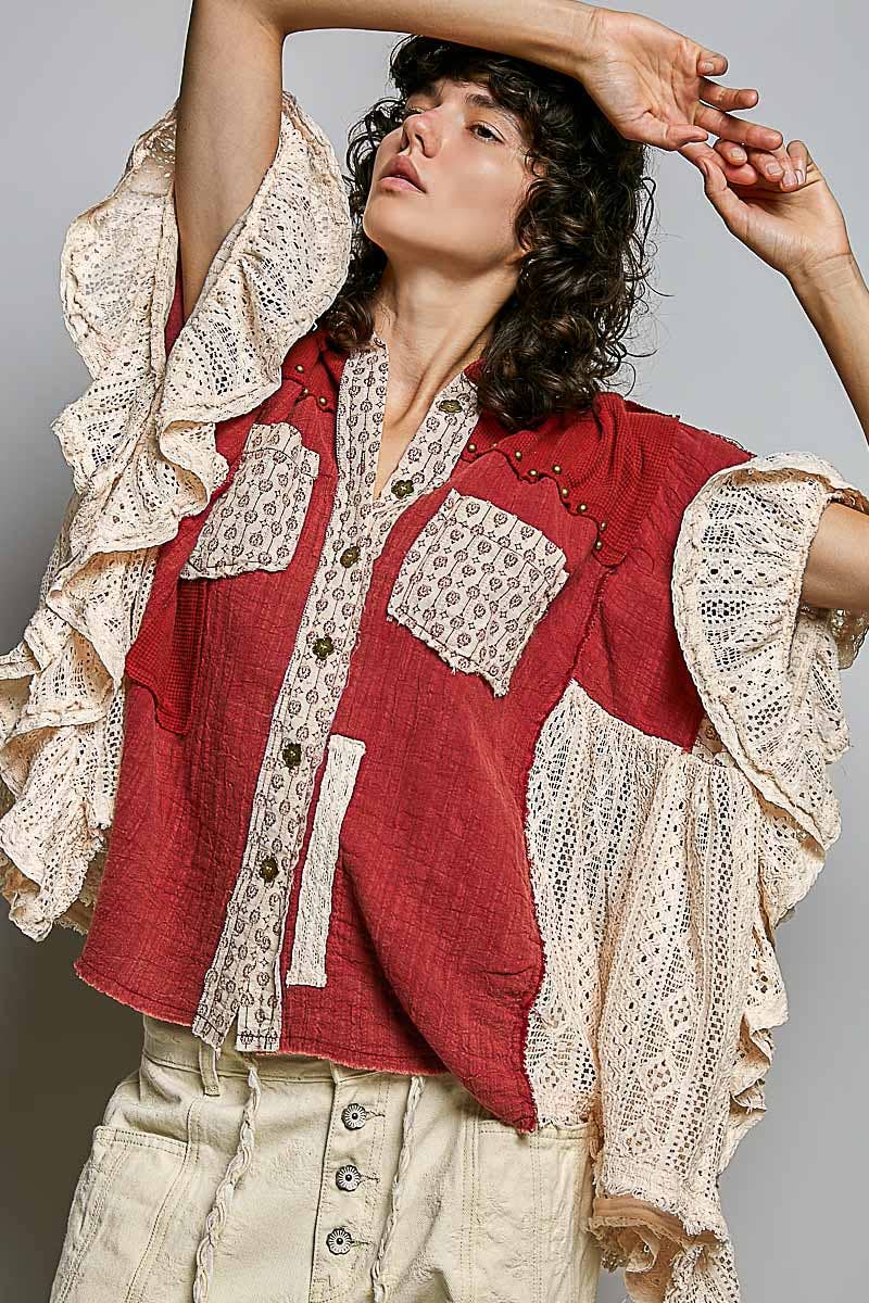 Easy Goes It Double Gauze Lace Crochet Patch Ruffle Button Down Shirt Top In Ruby - ivyandlavyboutique Pol Clothing