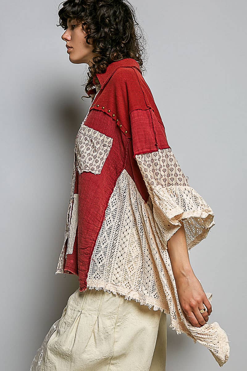 Easy Goes It Double Gauze Lace Crochet Patch Ruffle Button Down Shirt Top In Ruby - ivyandlavyboutique Pol Clothing
