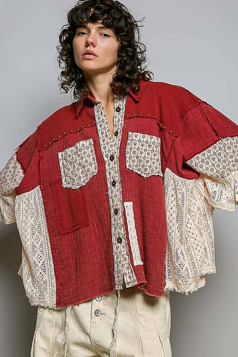 Easy Goes It Double Gauze Lace Crochet Patch Ruffle Button Down Shirt Top In Ruby - ivyandlavyboutique Pol Clothing