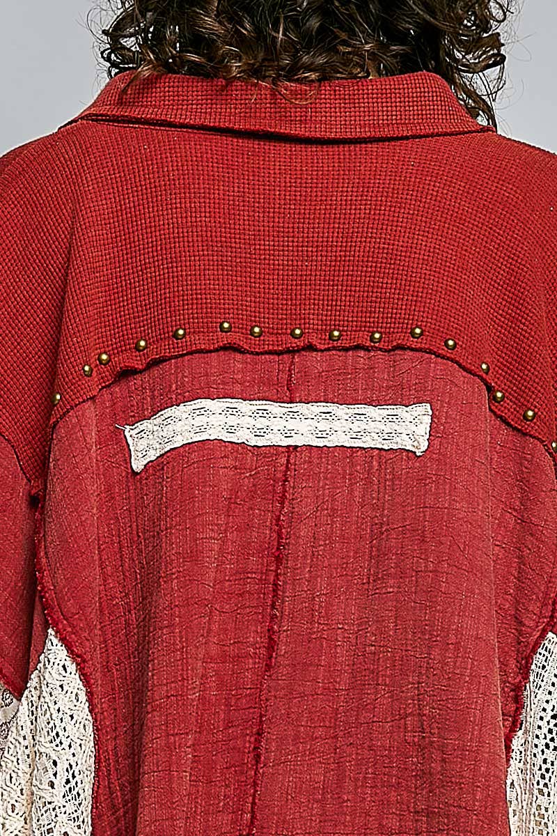 Easy Goes It Double Gauze Lace Crochet Patch Ruffle Button Down Shirt Top In Ruby - ivyandlavyboutique Pol Clothing